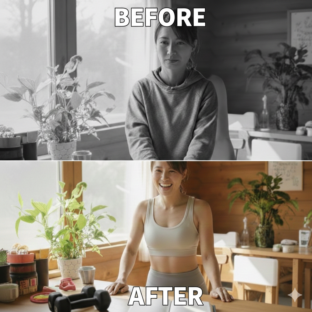 37歳で無気力から立ち直った女性のビフォーアフター。上段はモノクロで暗い表情の女性、下段はカラーで笑顔のトレーニングウェア姿の女性のイメージ写真