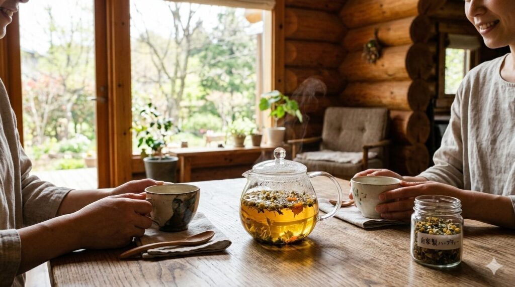 ハーブティーを楽しんでいる写真